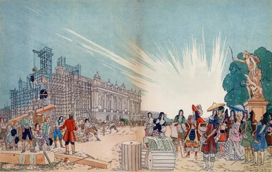 Construction of the Castle of Versailles in 1678 Following the Plans of Jules Hardouin Mansart, with in the Foreground the King of France Louis XIV - Illustration by Sylvain Sauvage for the Book 